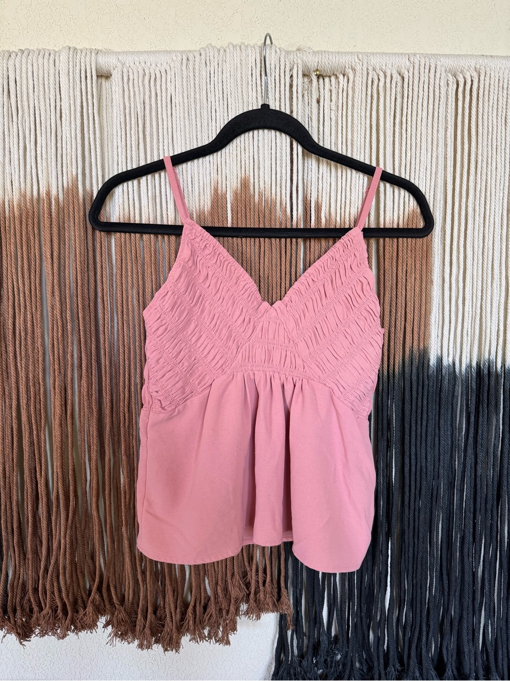 Blush pink Love & Piece ruched tank top with adjustable straps; good condition